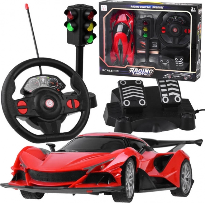 RC sportautó kormánnyal, pedálokkal és közlekedési lámpával 1:16 – Piros