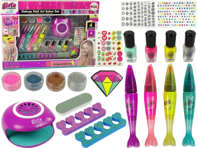 Nagy körömmatrica- és festőkészlet Nail Pens Glitter Stickers Lamp