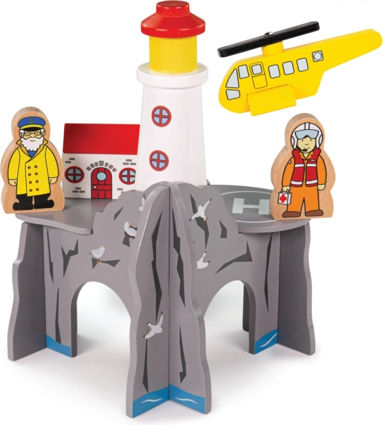 Bigjigs Rail alagút világítótoronnyal és heliporttal – fa vonatkészlet