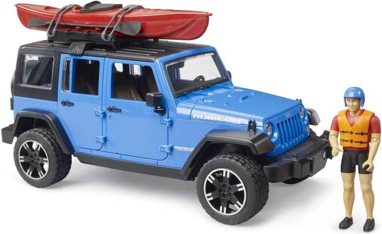 Bruder Jeep Wrangler Rubicon kajakkal és figurával, 1:16 méretarányban