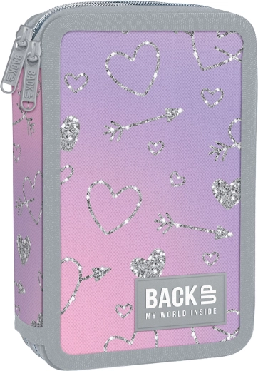 Kétrekeszes, felszerelt BackUP iskolai tolltartó – csillogó szívecskék
