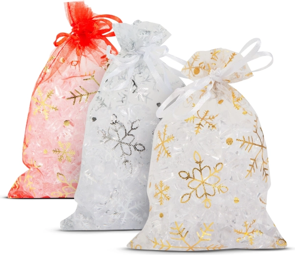 Organza ajándéktasak hópelyhekkel 10 × 15 cm - 1 darab