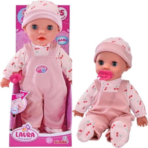 Interaktív Laura baba, édes gügyögő baba hangokkal és cumival, 30 cm
