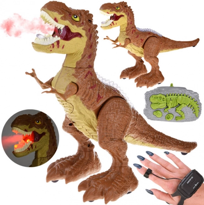 Gesztusokkal és távirányítóval vezérelhető RC dinoszaurusz, fényekkel, hangokkal és gőzzel – Barna