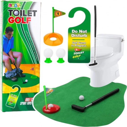Szórakoztató WC-golf készlet szőnyeggel, putterrel és labdákkal