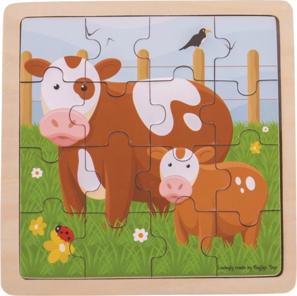 Bigjigs Toys fa kirakó – tehénke a borjával – 16 darab
