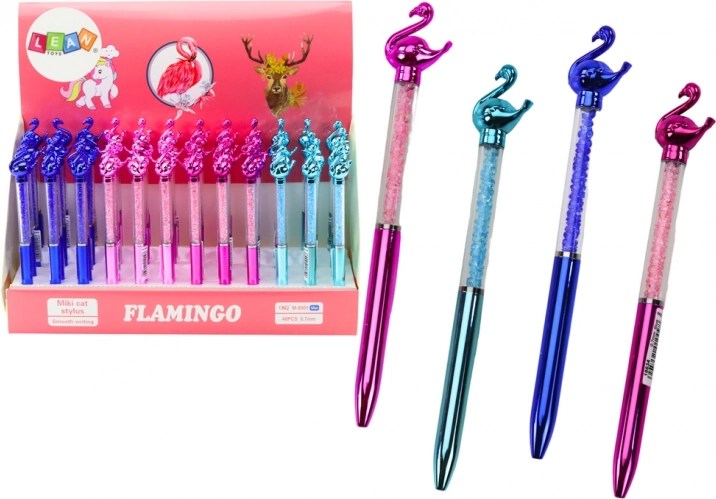 Golyóstoll flamingó figurával és csillogó kövecskékkel, kék betét 0,7 mm (színkeverék)