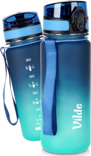 Vilde 500 ml-es kék–türkiz vizespalack mércével