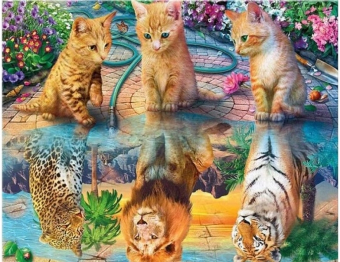 Diamantfestés (diamond painting) tükörkép – leopárd, oroszlán és tigris 40 × 30 cm