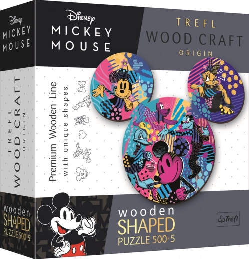 Kétoldalas fa puzzle TREFL Wood Craft Origin Mickey Mouse, 505 darab
