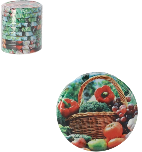 10 db-os, 82 mm-es befőttesüveg-fedél készlet zöldséges mintával