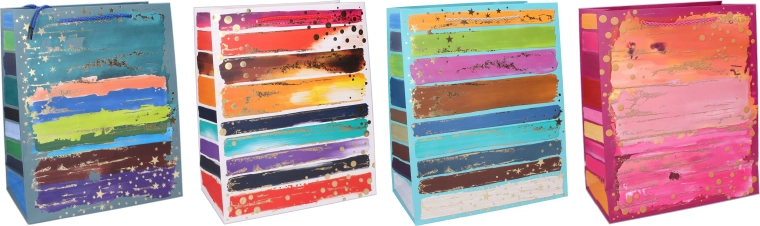 Ajándéktáska M 26 × 32 × 10 cm – egész éves, színes csíkok és arany akcentusok