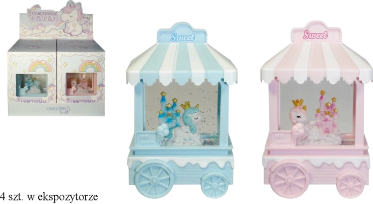 Unikornisos babakocsi alakú, örvénylő csillámmal működő lámpás – elemmel