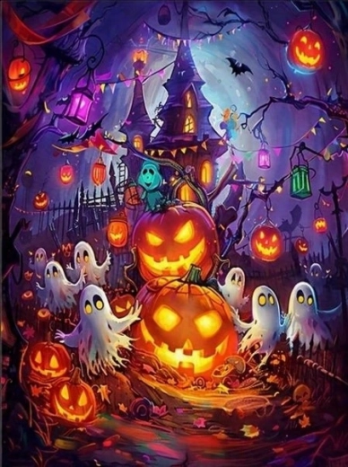 NORIMPEX Számfestő készlet – Kísértetház halloween tökökkel, 40 × 50 cm