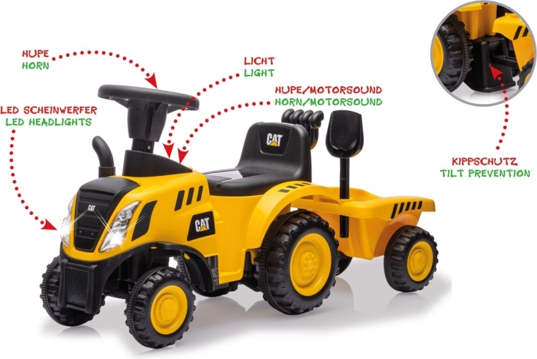 CAT gyermek lábbal hajtós traktor utánfutóval, 2 az 1-ben, sárga