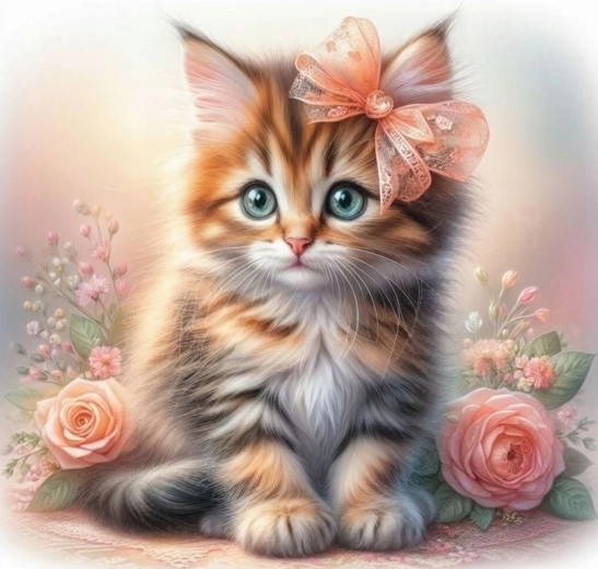 Norimpex gyémántfestés Kiscica masnival és rózsákkal 30x40 cm