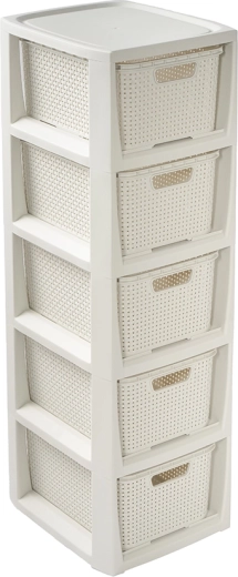 Rattan hatású tároló állvány 5 fiókkal, fehér, 80 cm