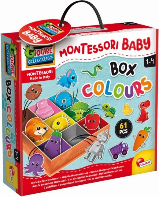 MONTESSORI színes bedobó doboz kisgyermekeknek – 61 db