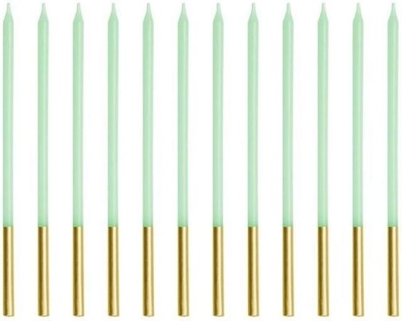 Elegáns, sima világoszöld szülinapi gyertyák arany talppal 14 cm (12 db)