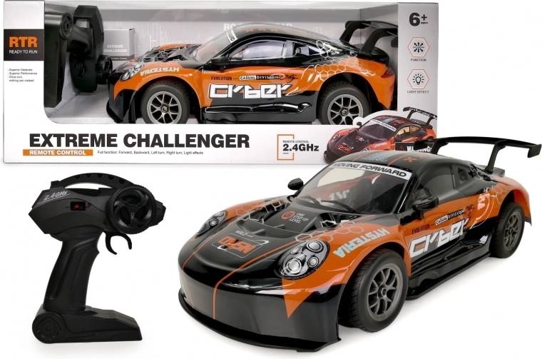Narancssárga 1:8-as RC autó megvilágított karosszériával, 2,4 GHz
