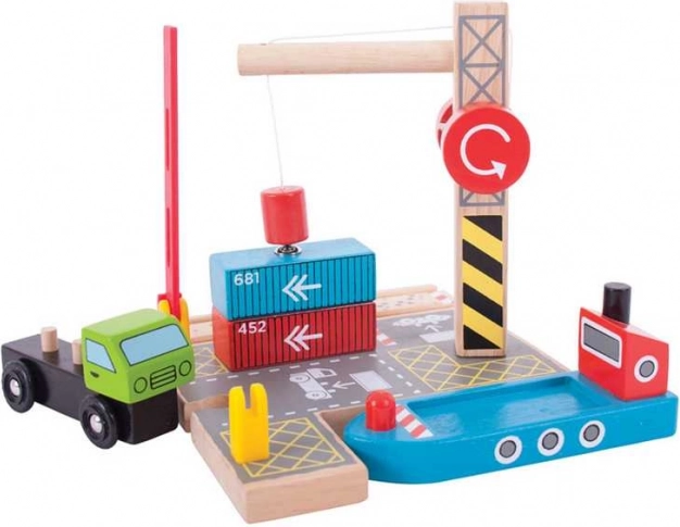 Bigjigs Rail konténer-átrakó állomás mágneses daruval