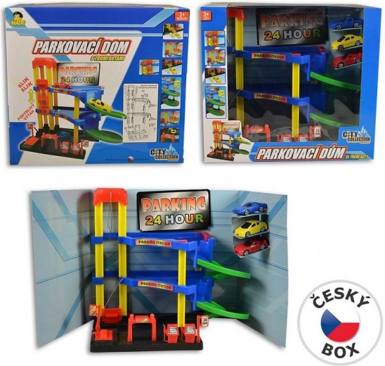 MaDe Garázs kézi felvonóval és 3 autóval, 29 cm