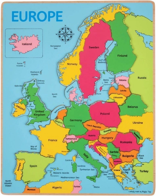 Bigjigs Toys fa Európa-térkép kirakó, 25 darab