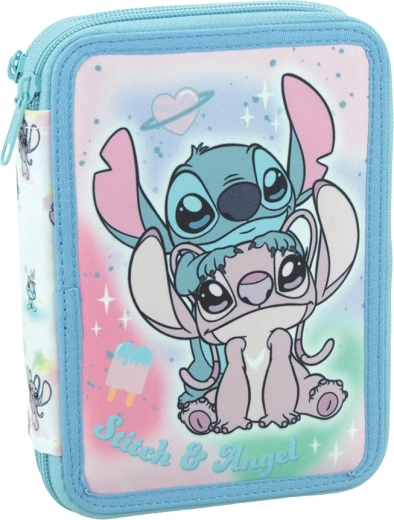 Disney Stitch & Angel világoskék, kétrekeszes, felszerelt tolltartó