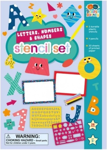 Betű-, szám- és alakzatsablonok színesceruza-készlettel