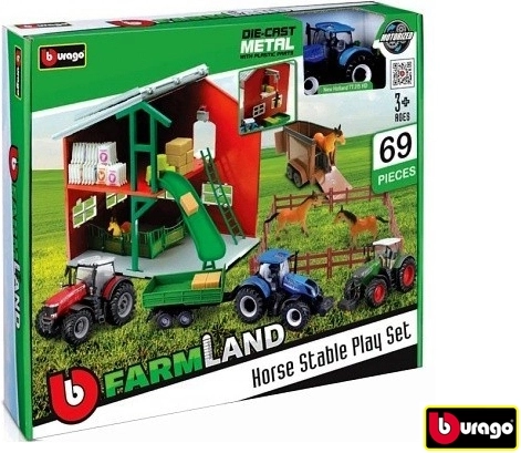 Bburago Farmland játék szett istállóval, lovakkal és traktorral, assort - 1 darab