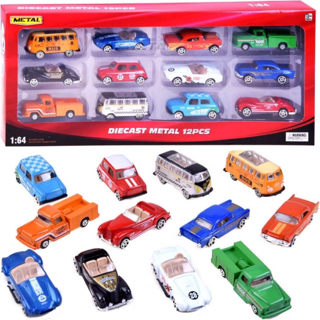 Retro fém kisautó készlet 1:64 (12 db)