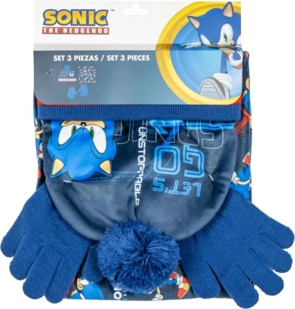 Gyermek téli szett SONIC – pomponos sapka, kesztyű és nyakmelegítő