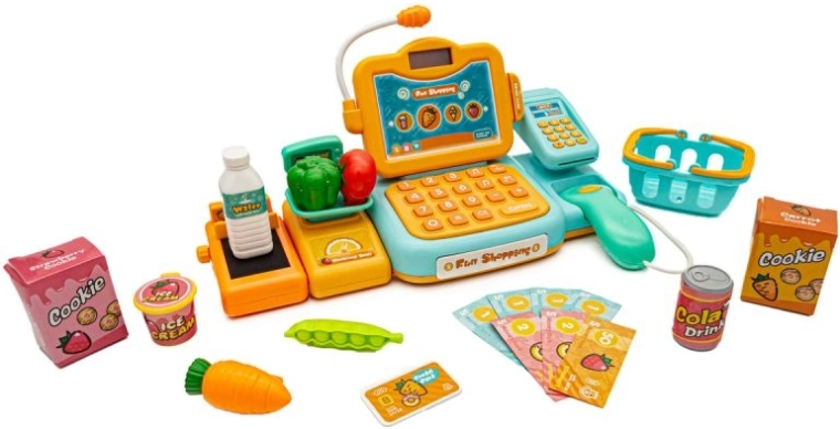 Mérleg, kosár és gazdag kiegészítők a szupermarketes játékhoz
