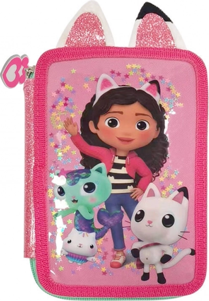 Kétrekeszes GABBY'S DOLLHOUSE iskolai tolltartó felszereléssel