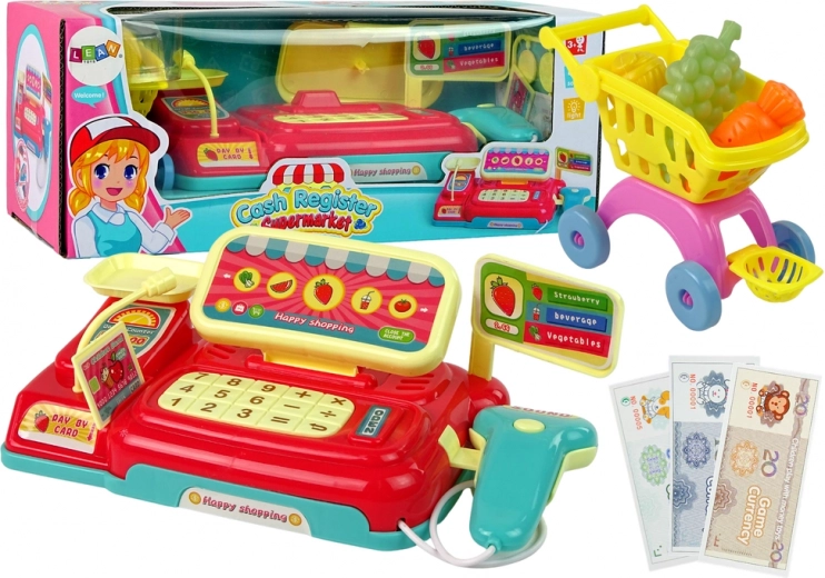 Gyerek pénztárgép bevásárlókosárral és szkennerrel