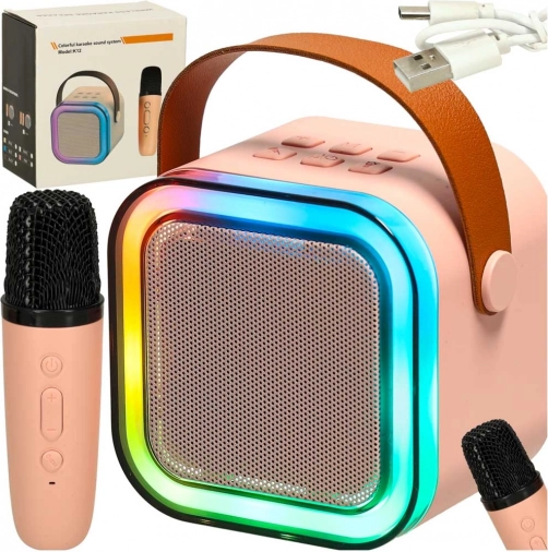 Rózsaszín karaoke szett Bluetooth hangszóróval, mikrofonnal és LED-del
