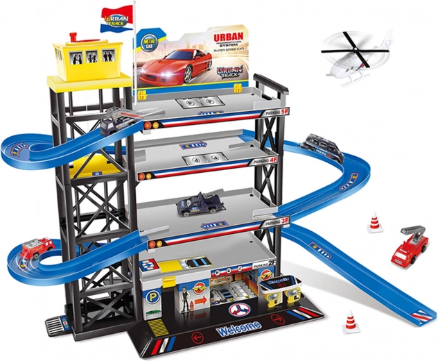 Nagy parkológarázs helikopterleszállóval