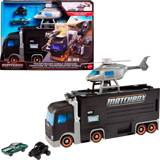 Matchbox mobil parancsnoki központ – átalakítható szállító kamion helikopterrel és 2 kisautóval