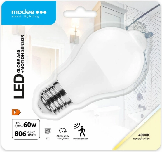 Modee Lighting okos LED izzó A60 8,8 W E27, semleges fehér PIR mozgásérzékelővel