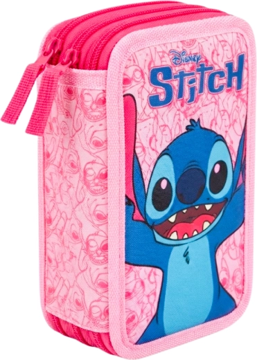 Háromrekeszes, felszerelt iskolai tolltartó Lilo & Stitch Stitch és Angel, rózsaszín
