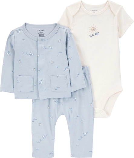 Carter’s 3 darabos babaszett – kardigán, rövid ujjú body és melegítőnadrág Blue Airplane (fiú, 56-os méret)