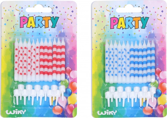 Születésnapi gyertyák pöttyökkel és csíkokkal, 12 db + tartók