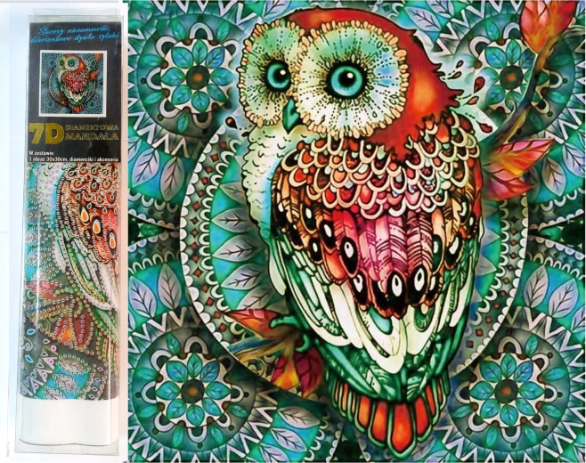 7D gyémántfestés – bagoly kék mandalán 30 × 30 cm