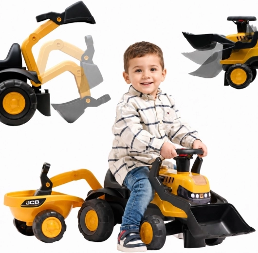 JCB gyermek lábbal hajtós járgány pótkocsival, lapáttal és gereblyével