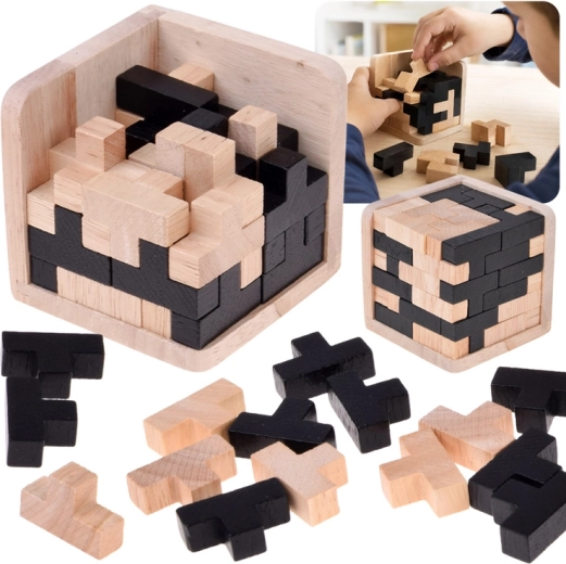 Fa 3D logikai Tetris kocka fekete–természetes színben