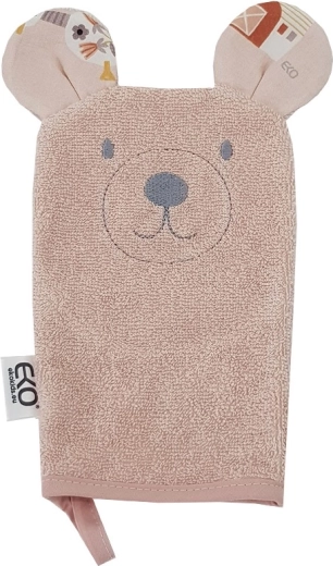 EKO pamut mosdókesztyű fülekkel Bear rose pink 20 × 15 cm