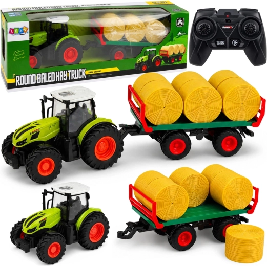RC mezőgazdasági traktor pótkocsival és szénabálákkal 1:24