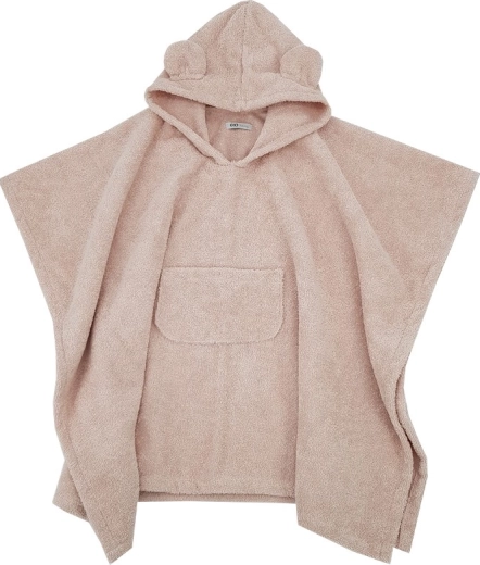 Eko gyerek pamut kapucnis poncsó fülecskékkel, púderrózsaszín 75 × 120 cm