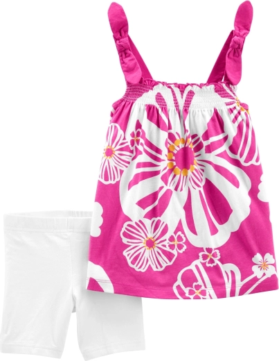 Lány nyári szett: tunika és rövid leggings, lila virágokkal
