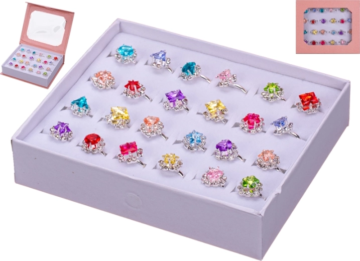 Gyermek fém gyűrűk szettje színes kövekkel, 24 db